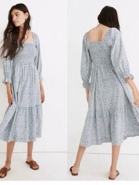 Madewell Light Blue Floral Square-Neck Midi Dress